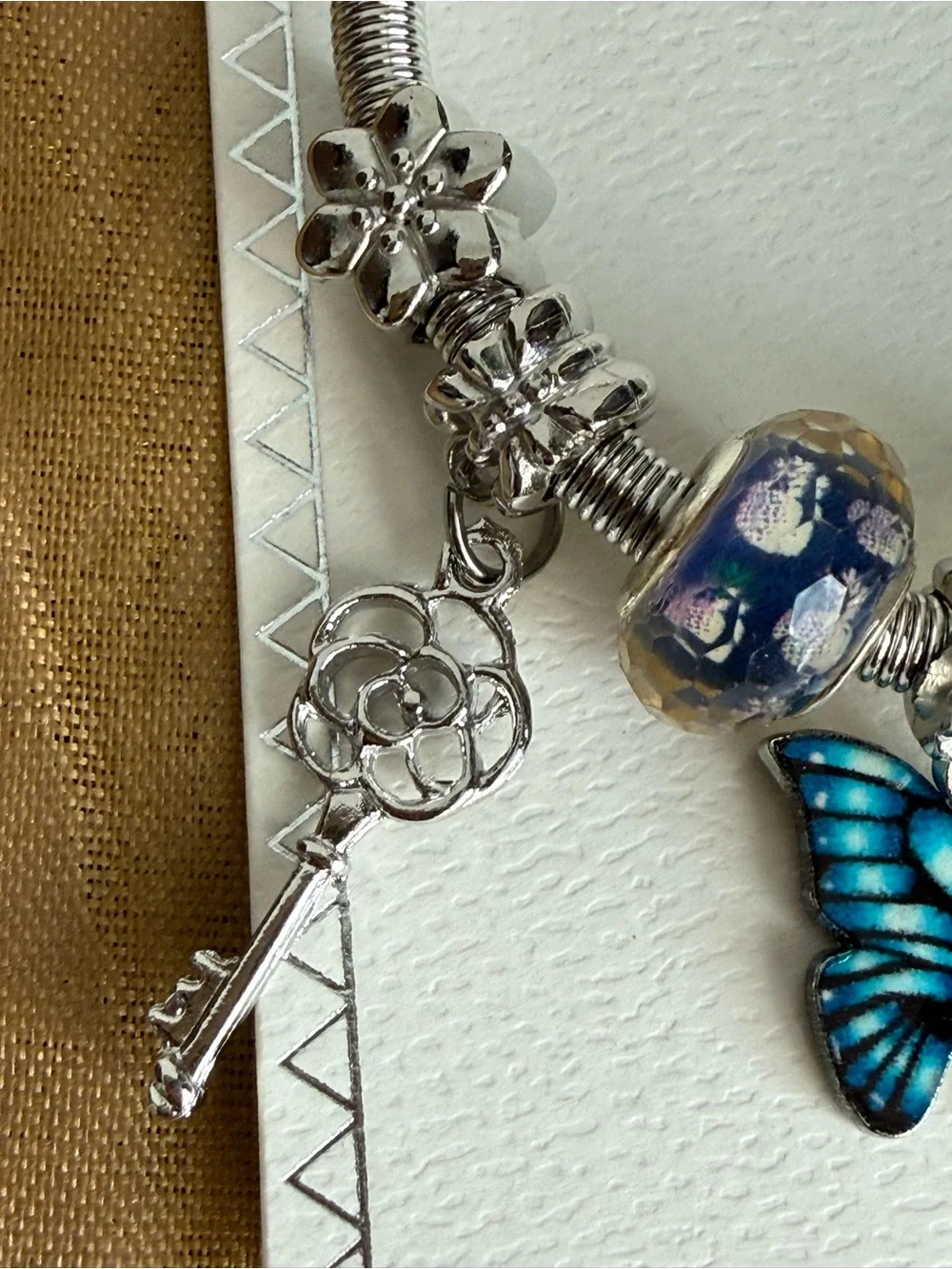 Mint Silver Charm Bracelet with Blue Butterfly and Navy Glass Beads